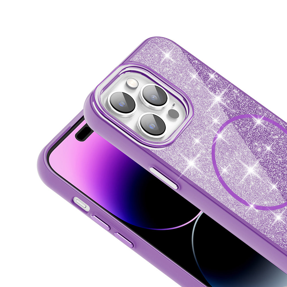 Apple iPhone 14 Pro Max Kılıf M-safe Şarj Özellikli Parlayan Simli Zore Okso Kapak Gold