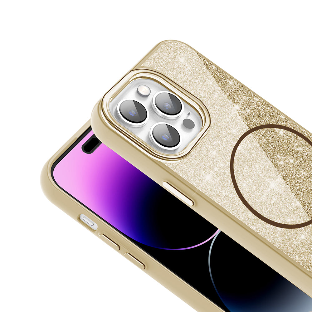 Apple iPhone 14 Pro Max Kılıf M-safe Şarj Özellikli Parlayan Simli Zore Okso Kapak Siyah
