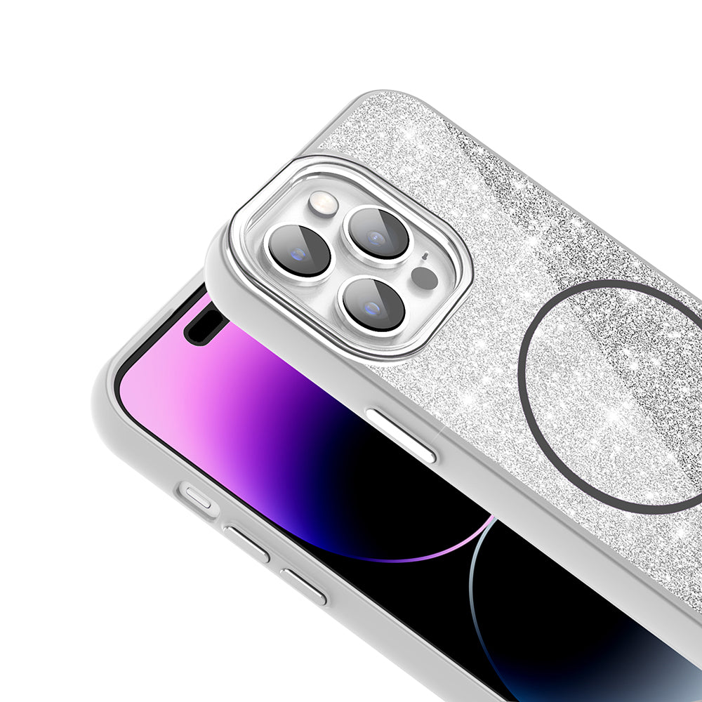 Apple iPhone 14 Pro Max Kılıf M-safe Şarj Özellikli Parlayan Simli Zore Okso Kapak Siyah