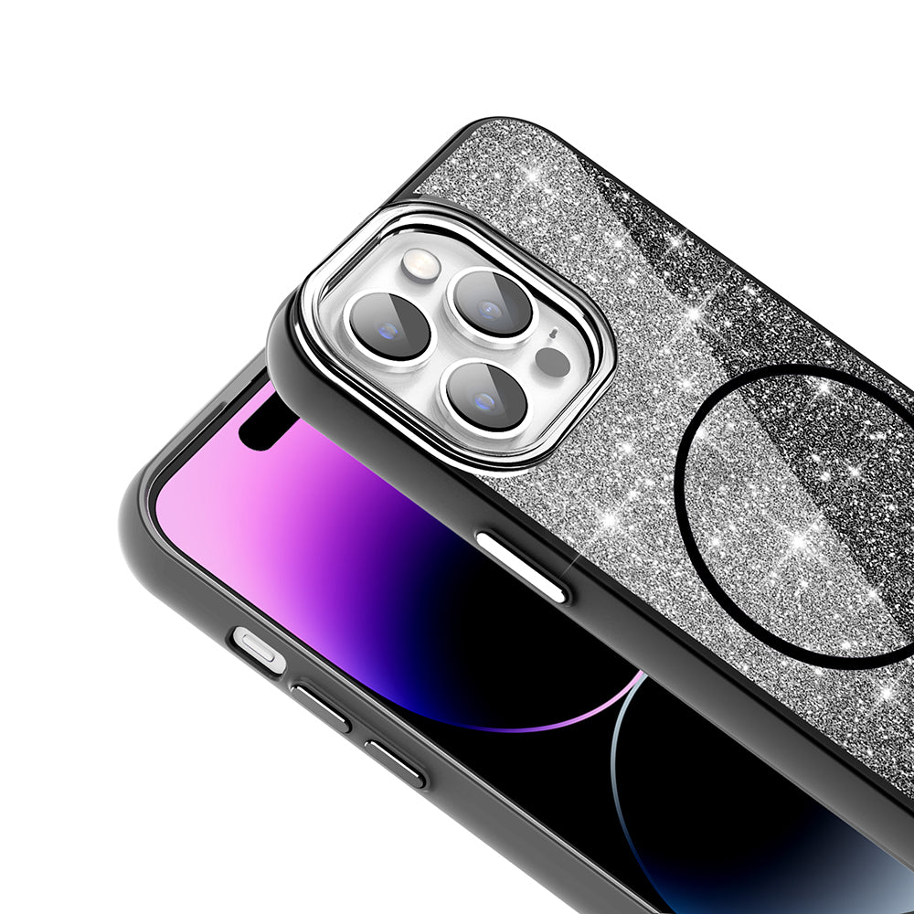 Apple iPhone 14 Pro Max Kılıf M-safe Şarj Özellikli Parlayan Simli Zore Okso Kapak Derin Mor
