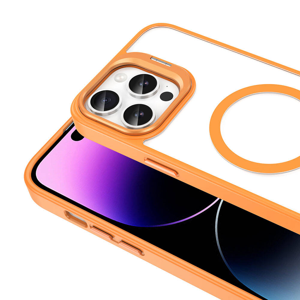 Apple iPhone 14 Pro Max Kılıf M-safe Şarj Özellikli Standlı Zore M-safe Klon Lensli Kapak Turuncu