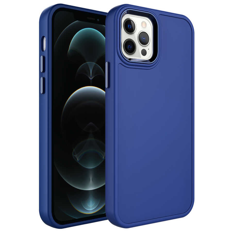 Apple iPhone 14 Pro Max Kılıf Metal Çerçeve ve Buton Tasarımlı Sert Zore Botox Kapak Lacivert