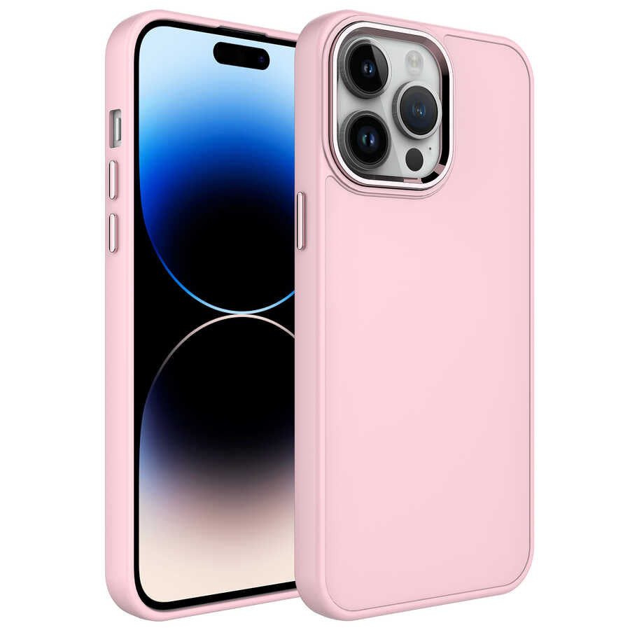 Apple iPhone 14 Pro Max Kılıf Metal Çerçeve ve Buton Tasarımlı Silikon Zore Luna Kapak Pembe