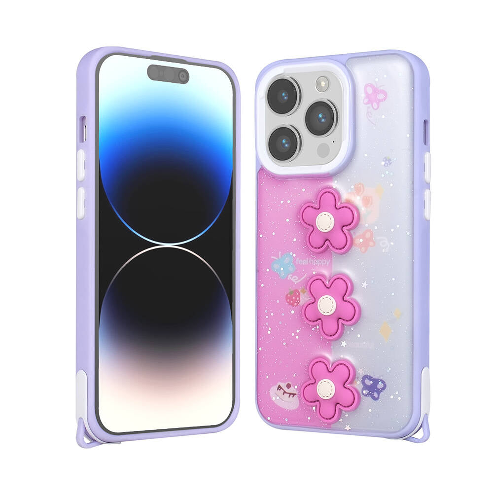 Apple iPhone 14 Pro Max Kılıf Parlayan Simli Kabartma Figürlü Zore Cevze Kapak Mor Ayı