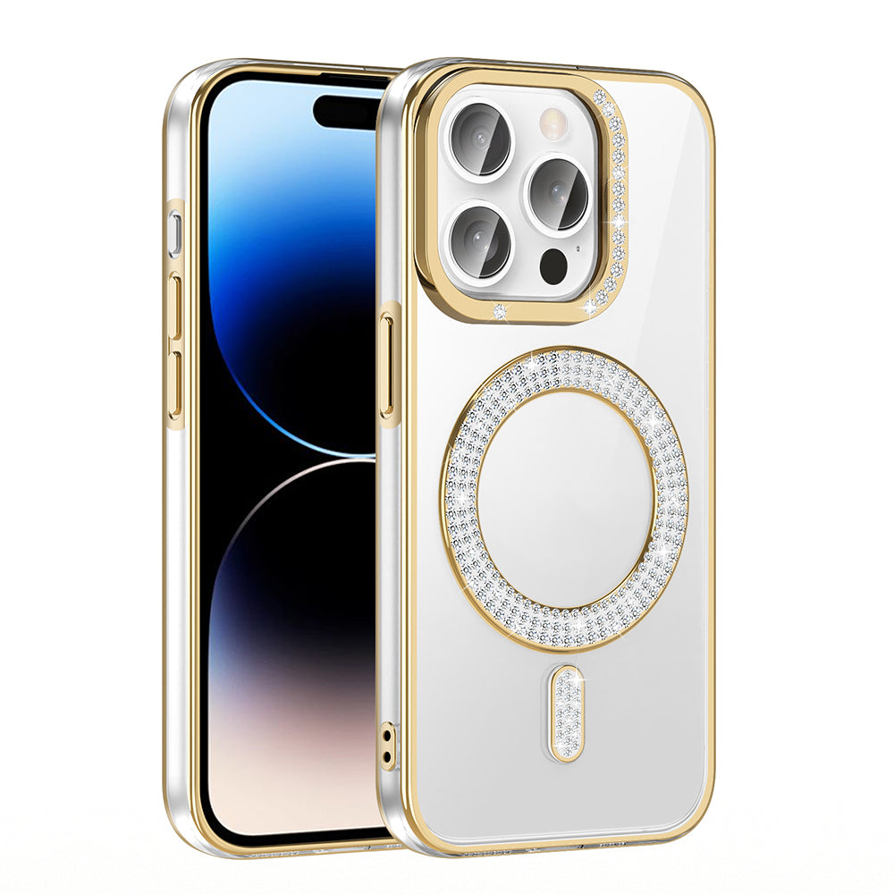 Apple iPhone 14 Pro Max Kılıf Pırlanta Taş Tasarımlı M-safe Şarj Özellikli Zore Karetta Silikon Kapak Mor