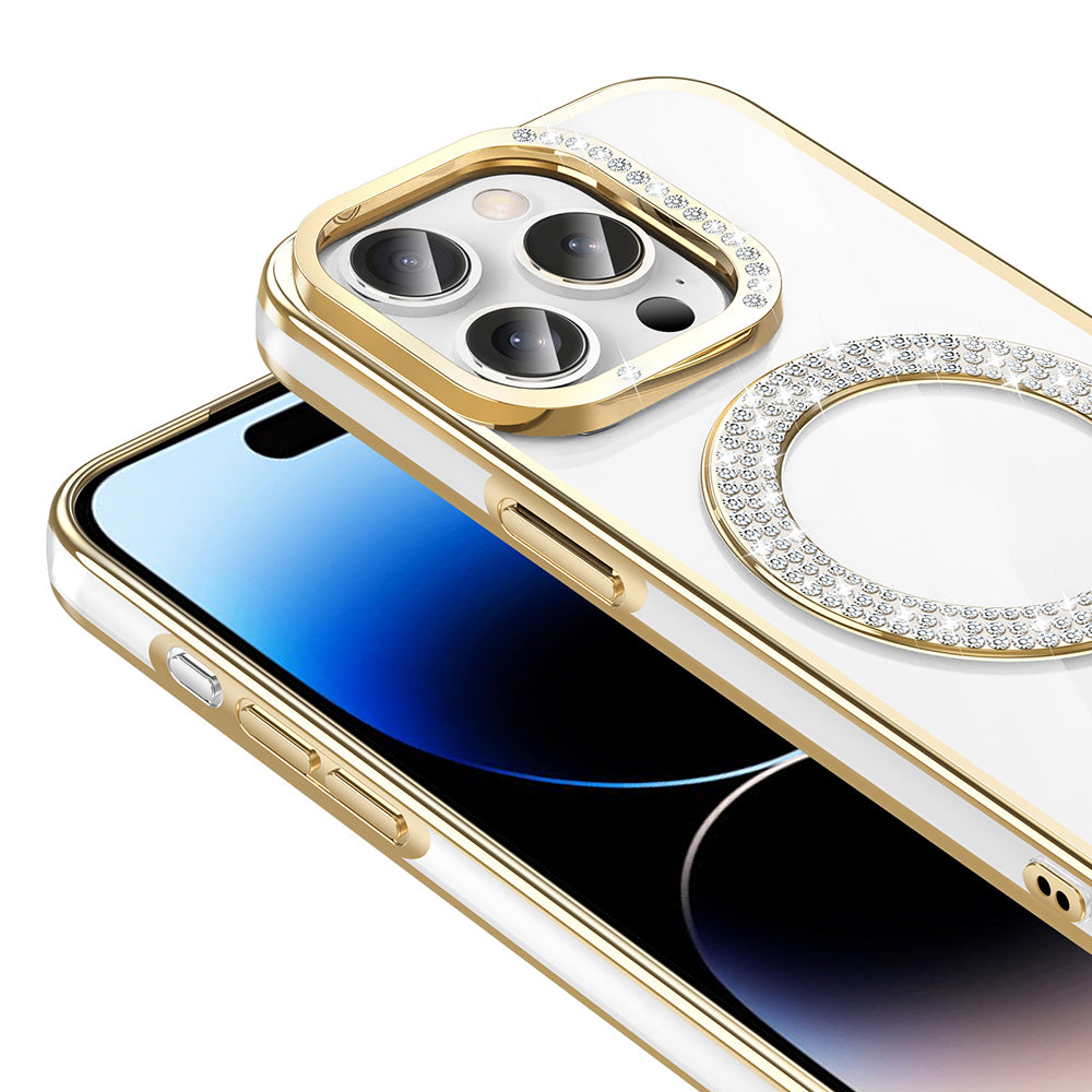 Apple iPhone 14 Pro Max Kılıf Pırlanta Taş Tasarımlı M-safe Şarj Özellikli Zore Karetta Silikon Kapak Rose Gold