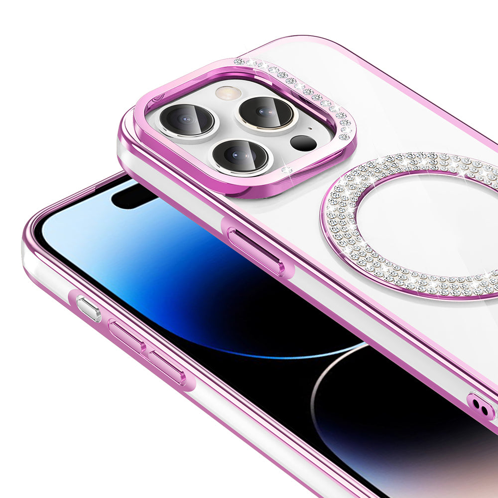 Apple iPhone 14 Pro Max Kılıf Pırlanta Taş Tasarımlı M-safe Şarj Özellikli Zore Karetta Silikon Kapak Rose Gold