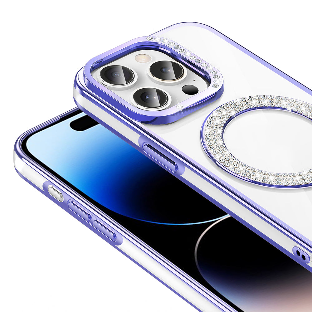 Apple iPhone 14 Pro Max Kılıf Pırlanta Taş Tasarımlı M-safe Şarj Özellikli Zore Karetta Silikon Kapak Gümüş