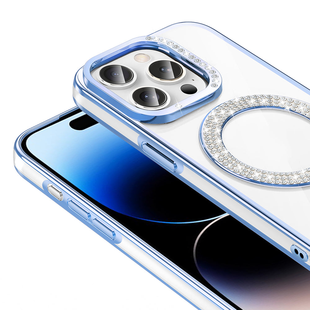 Apple iPhone 14 Pro Max Kılıf Pırlanta Taş Tasarımlı M-safe Şarj Özellikli Zore Karetta Silikon Kapak Mavi