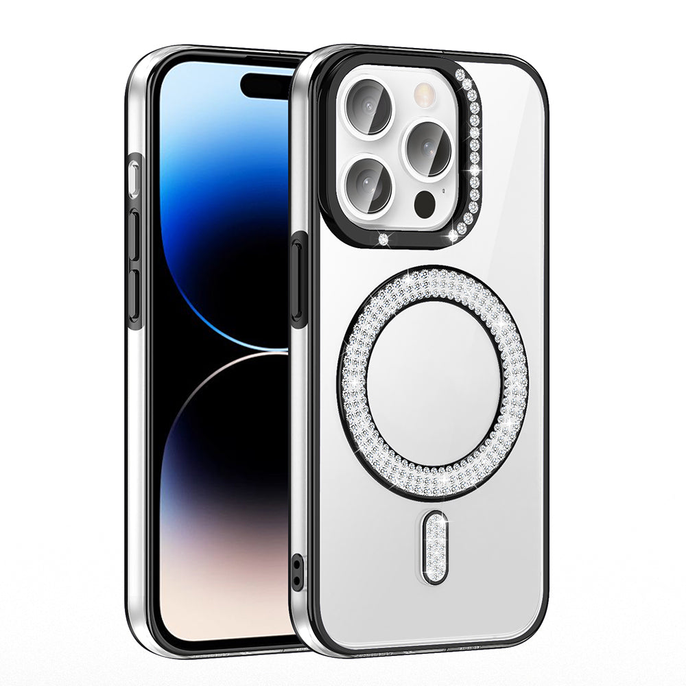 Apple iPhone 14 Pro Max Kılıf Pırlanta Taş Tasarımlı M-safe Şarj Özellikli Zore Karetta Silikon Kapak Gümüş