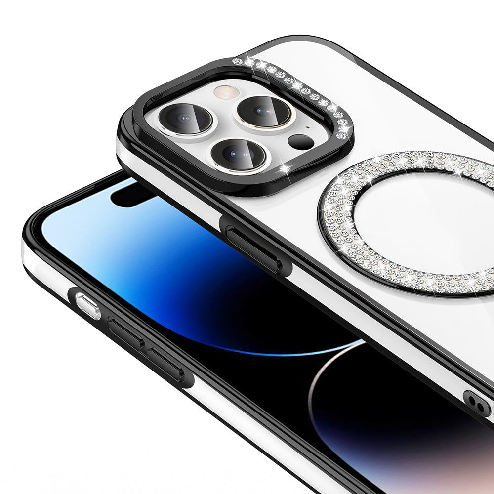 Apple iPhone 14 Pro Max Kılıf Pırlanta Taş Tasarımlı M-safe Şarj Özellikli Zore Karetta Silikon Kapak Siyah