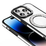 Apple iPhone 14 Pro Max Kılıf Pırlanta Taş Tasarımlı M-safe Şarj Özellikli Zore Karetta Silikon Kapak Gümüş
