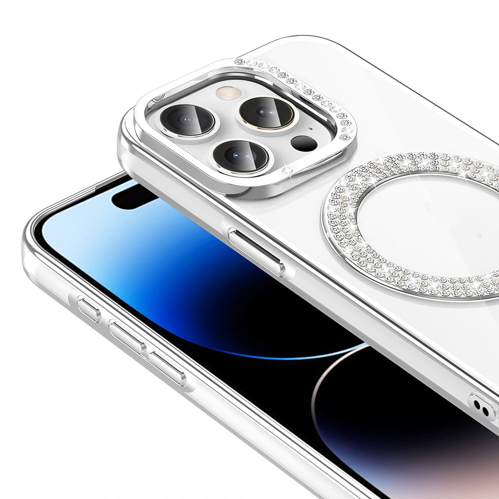 Apple iPhone 14 Pro Max Kılıf Pırlanta Taş Tasarımlı M-safe Şarj Özellikli Zore Karetta Silikon Kapak Rose Gold