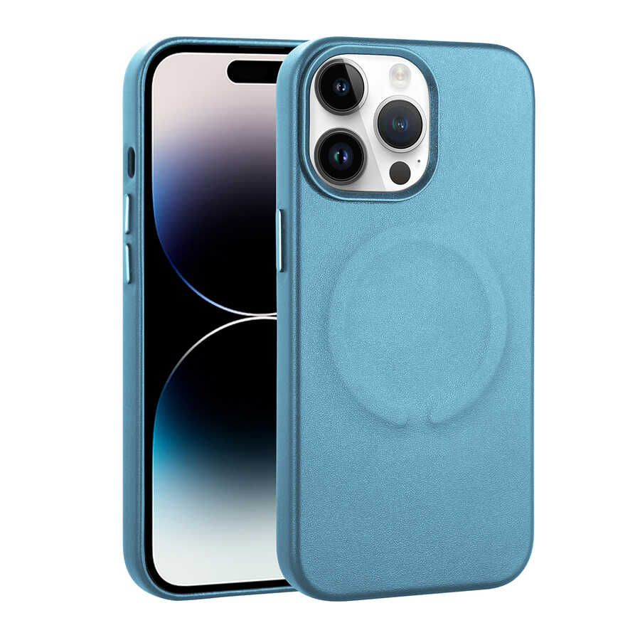Apple iPhone 14 Pro Max Kılıf PU Deri M-safe Wireless Şarj Özellikli Zore Derix Kapak Mavi