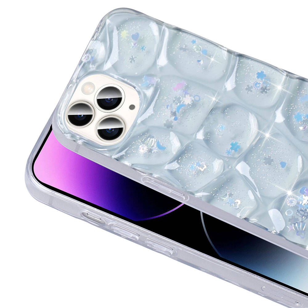 Apple iPhone 14 Pro Max Kılıf Simli 3D Desenli Zore Hacar Kapak Pembe-Mavi