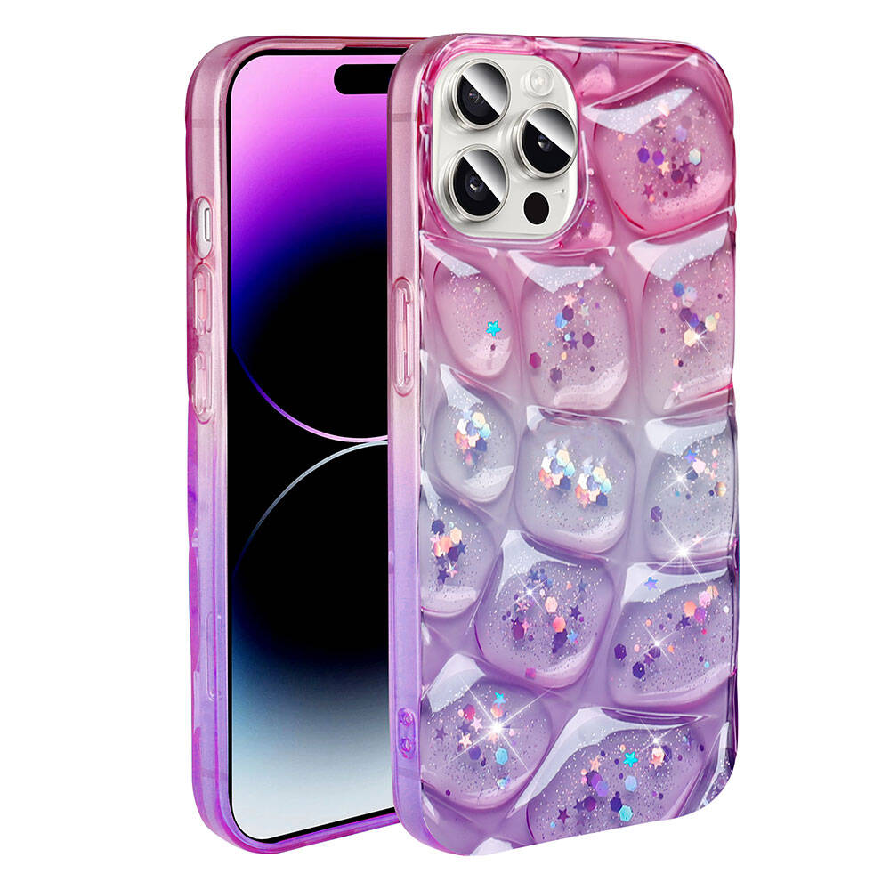 Apple iPhone 14 Pro Max Kılıf Simli 3D Desenli Zore Hacar Kapak Pembe-Mavi