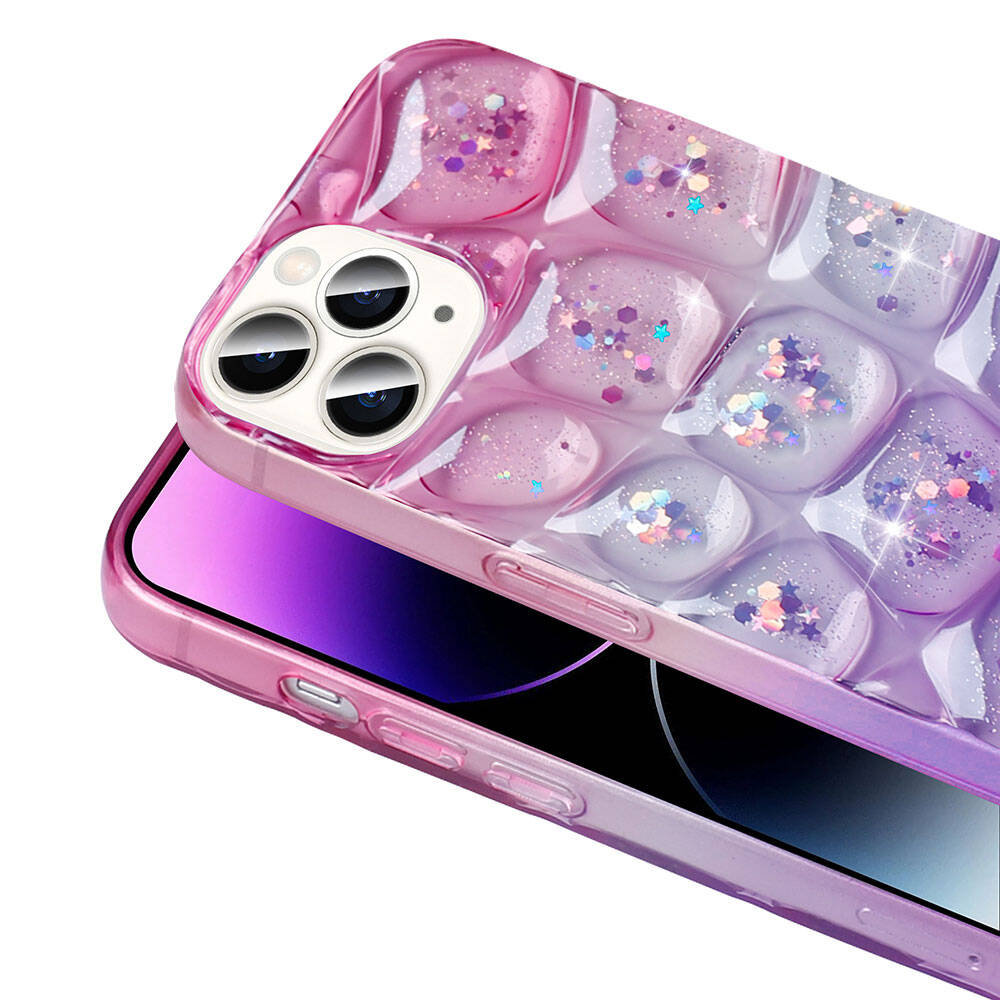 Apple iPhone 14 Pro Max Kılıf Simli 3D Desenli Zore Hacar Kapak Pembe-Mavi
