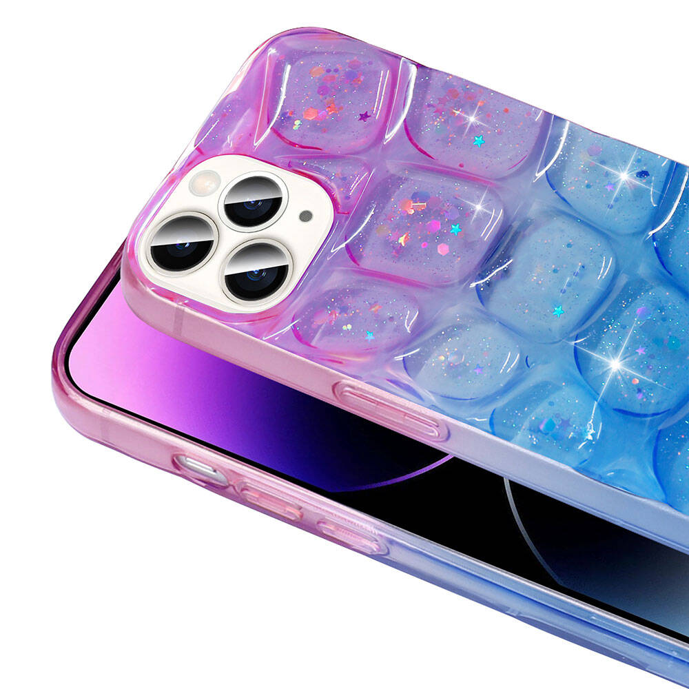 Apple iPhone 14 Pro Max Kılıf Simli 3D Desenli Zore Hacar Kapak Pembe-Mavi