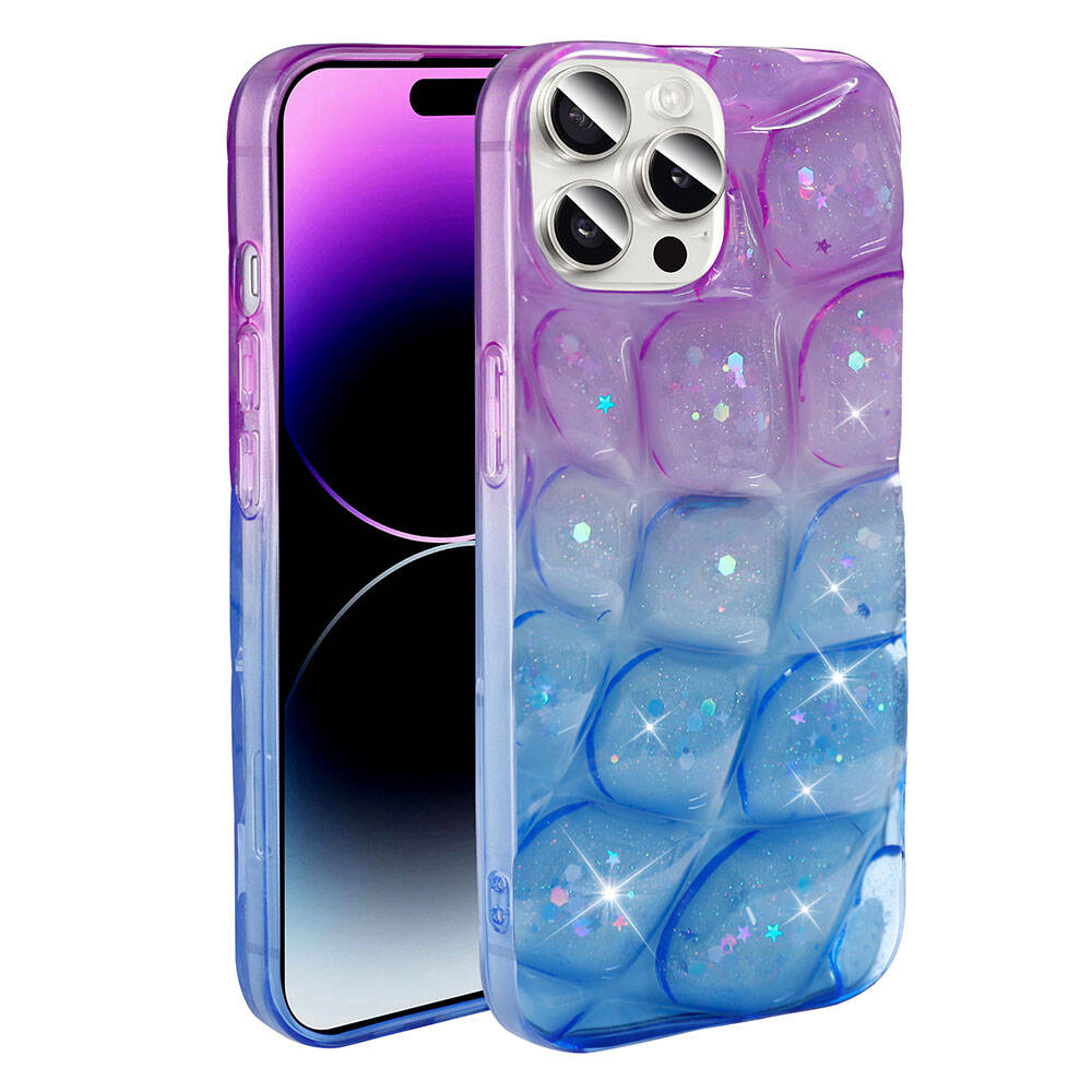 Apple iPhone 14 Pro Max Kılıf Simli 3D Desenli Zore Hacar Kapak Mor-Mavi