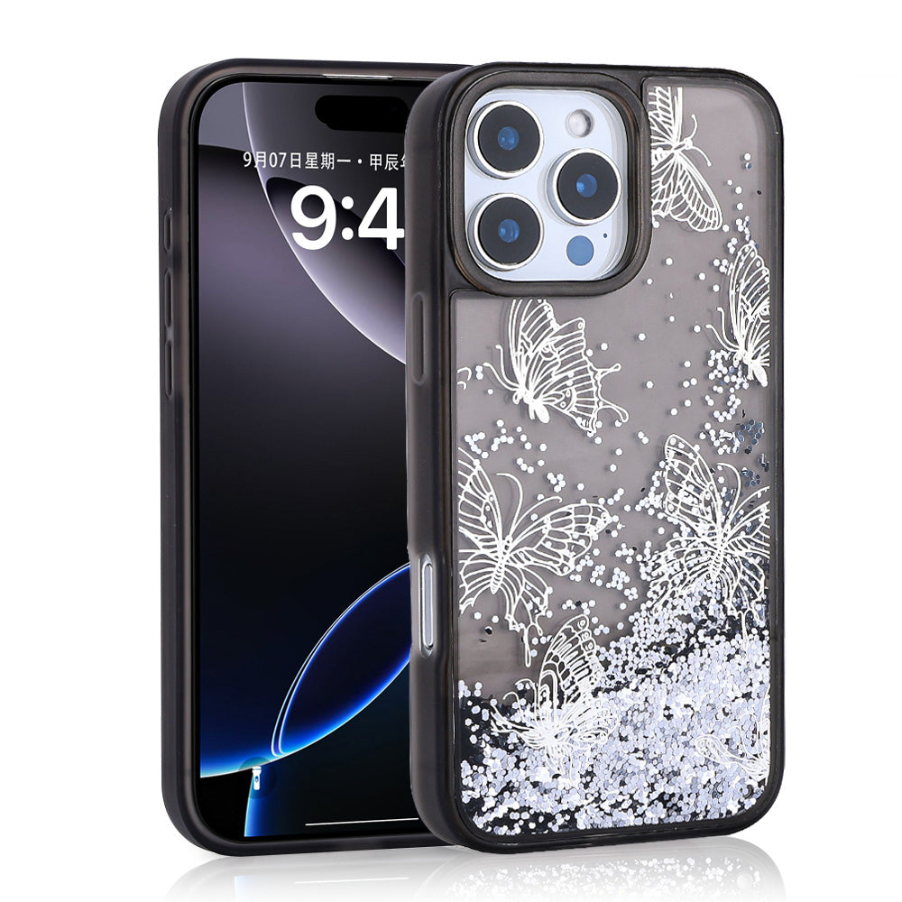 Apple iPhone 14 Pro Max Kılıf Sıvılı Simli Kelebek Baskılı Şeffaf Arka Yüzey Zore Glis Silikon Kapak Mor