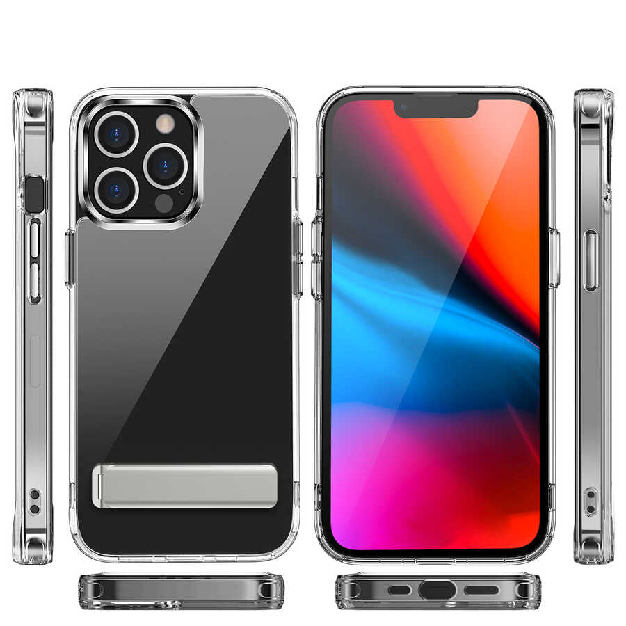 Apple iPhone 14 Pro Max Kılıf Standlı Şeffaf Silikon Zore L-Stand Kapak Renksiz