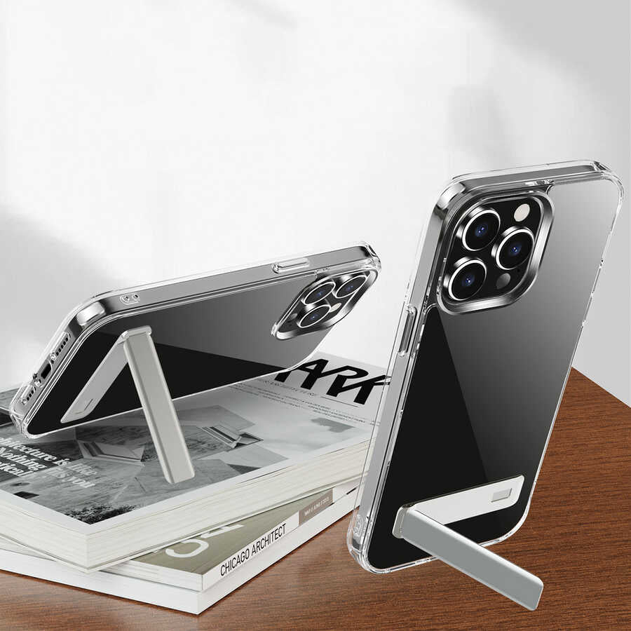 Apple iPhone 14 Pro Max Kılıf Standlı Şeffaf Silikon Zore L-Stand Kapak Renksiz