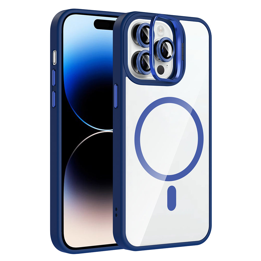 Apple iPhone 14 Pro Max Kılıf Standlı ve Kamera Lens Hediyeli M-Safe Şarj Özellikli Zore Etro Kapak Siyah