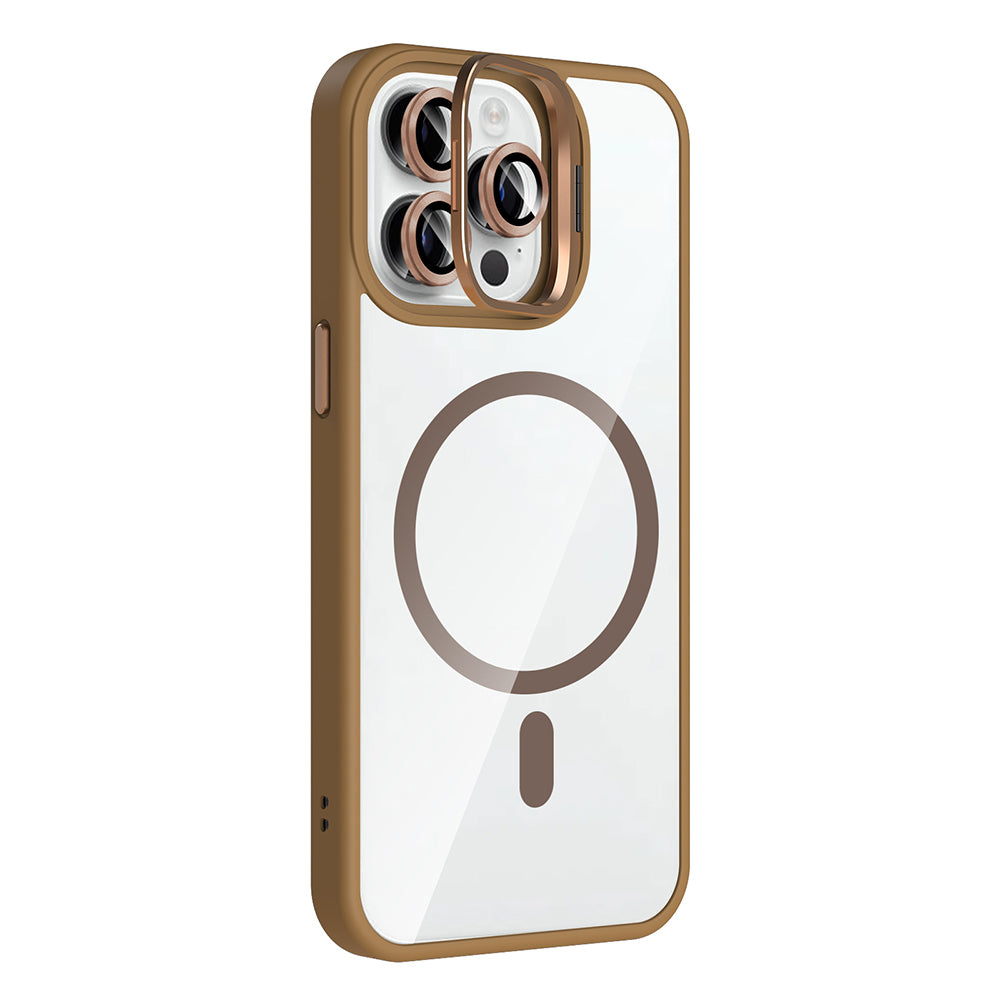 Apple iPhone 14 Pro Max Kılıf Standlı ve Kamera Lens Hediyeli M-Safe Şarj Özellikli Zore Etro Kapak Pembe