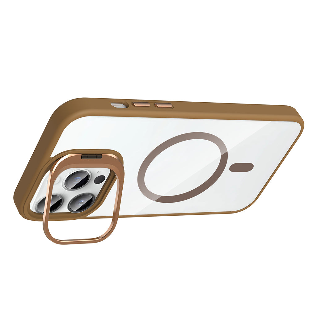 Apple iPhone 14 Pro Max Kılıf Standlı ve Kamera Lens Hediyeli M-Safe Şarj Özellikli Zore Etro Kapak Lacivert