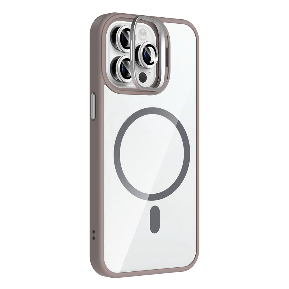 Apple iPhone 14 Pro Max Kılıf Standlı ve Kamera Lens Hediyeli M-Safe Şarj Özellikli Zore Etro Kapak Desert Titanyum