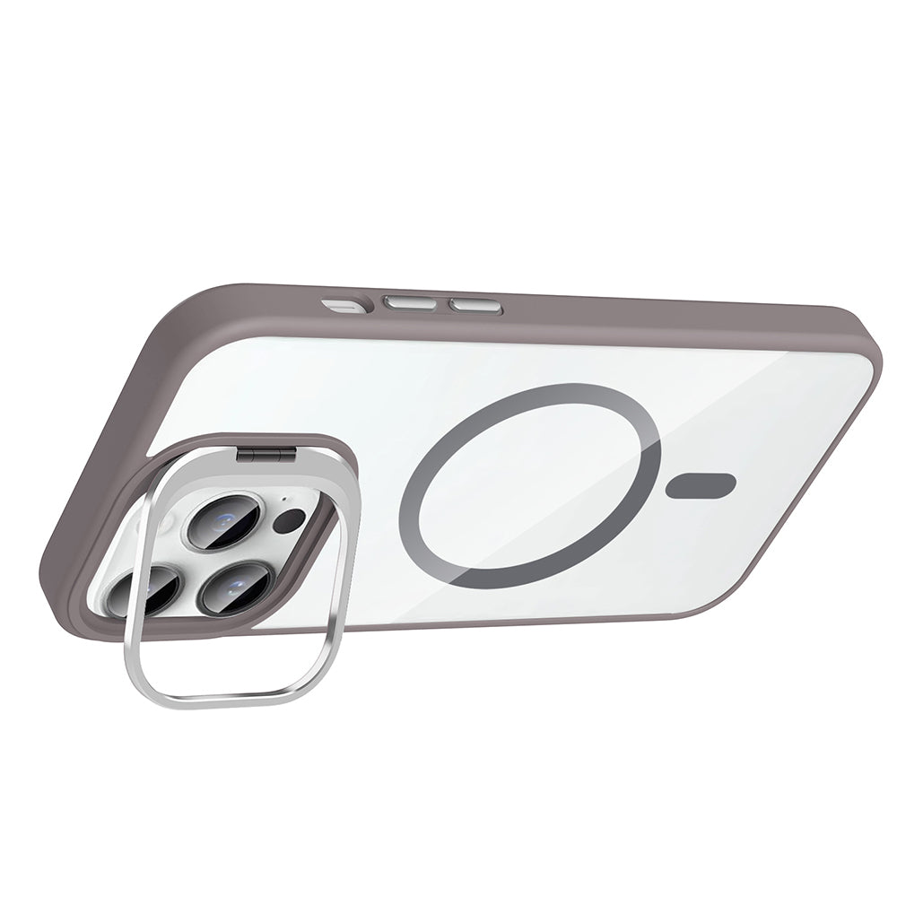 Apple iPhone 14 Pro Max Kılıf Standlı ve Kamera Lens Hediyeli M-Safe Şarj Özellikli Zore Etro Kapak Pembe