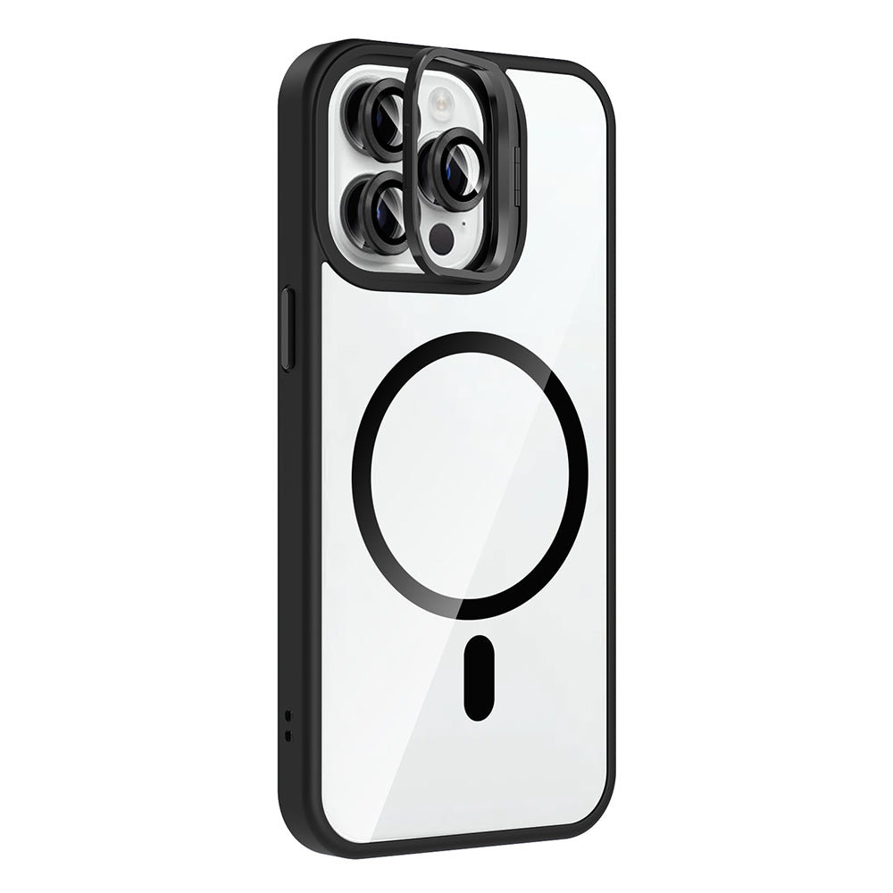 Apple iPhone 14 Pro Max Kılıf Standlı ve Kamera Lens Hediyeli M-Safe Şarj Özellikli Zore Etro Kapak Gri