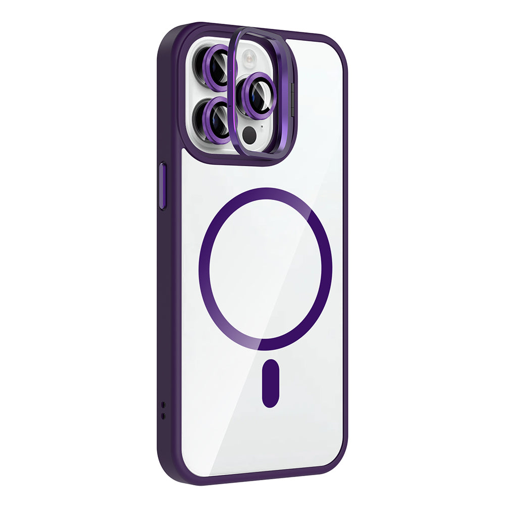 Apple iPhone 14 Pro Max Kılıf Standlı ve Kamera Lens Hediyeli M-Safe Şarj Özellikli Zore Etro Kapak Derin Mor