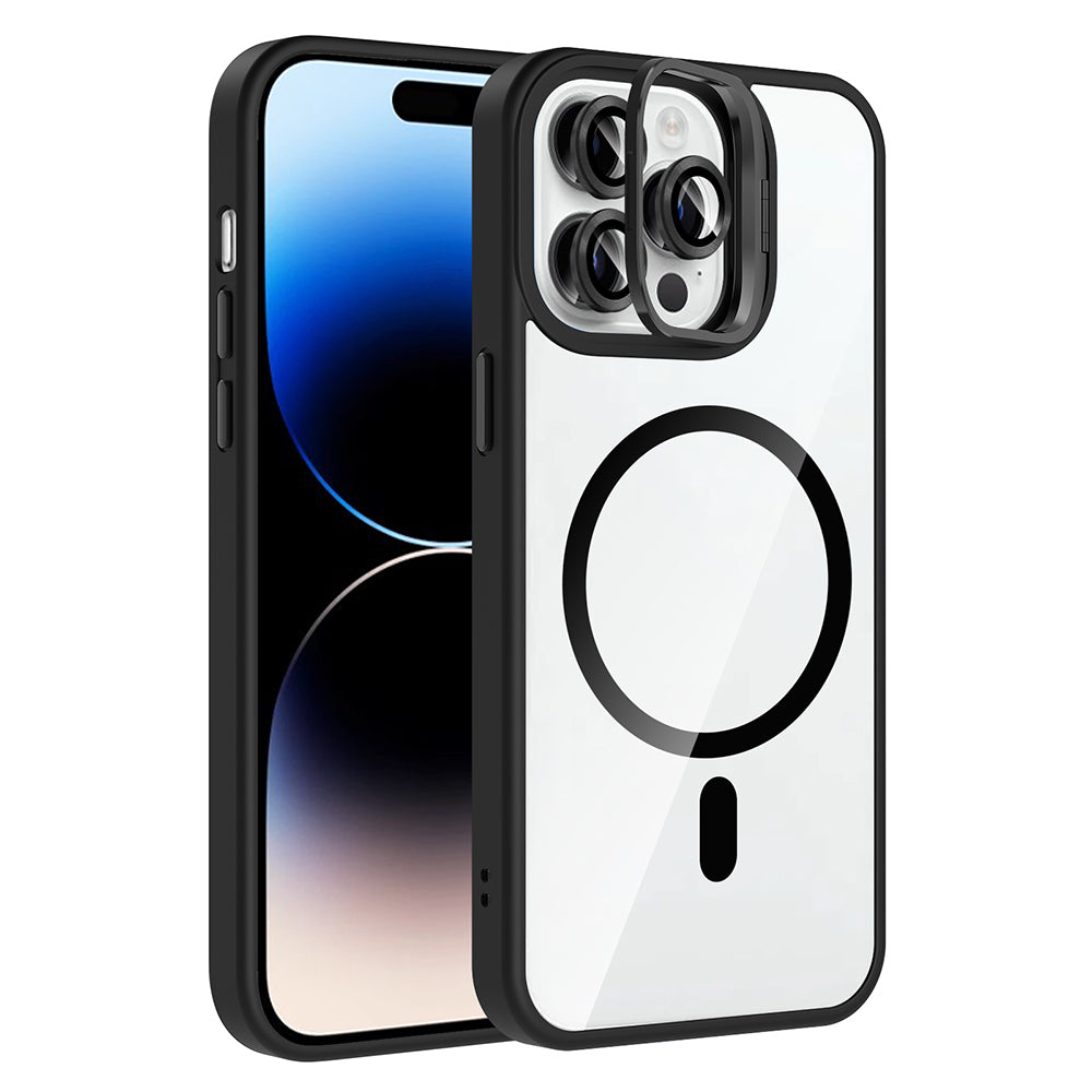 Apple iPhone 14 Pro Max Kılıf Standlı ve Kamera Lens Hediyeli M-Safe Şarj Özellikli Zore Etro Kapak Siyah