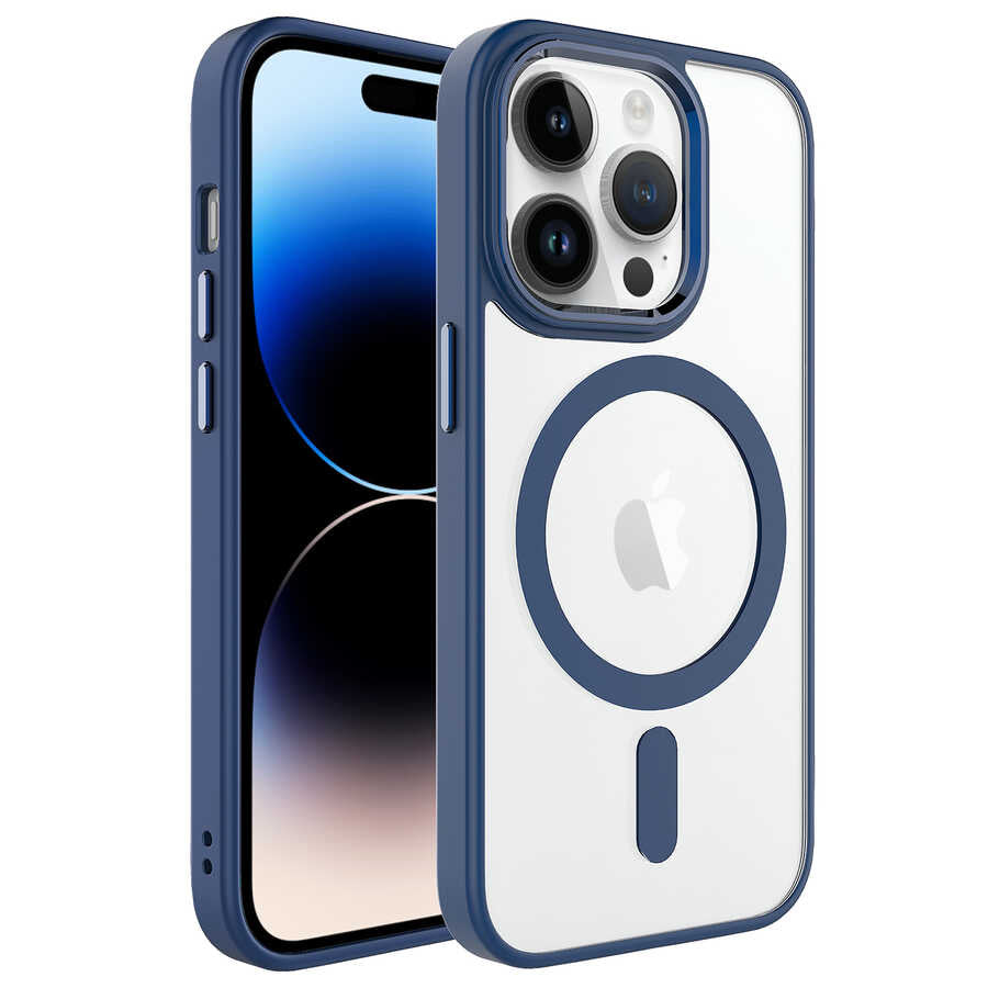 Apple iPhone 14 Pro Max Kılıf Wireless Şarj Özellikli Zore Krom M-safe Silikon Kapak Lacivert