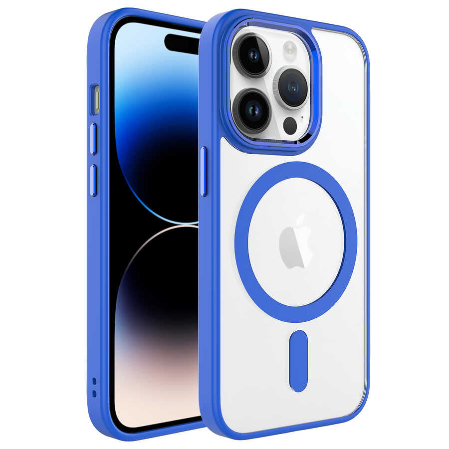 Apple iPhone 14 Pro Max Kılıf Wireless Şarj Özellikli Zore Krom M-safe Silikon Kapak Mavi