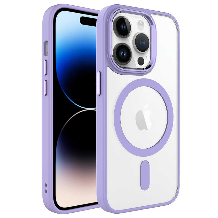 Apple iPhone 14 Pro Max Kılıf Wireless Şarj Özellikli Zore Krom M-safe Silikon Kapak Lila