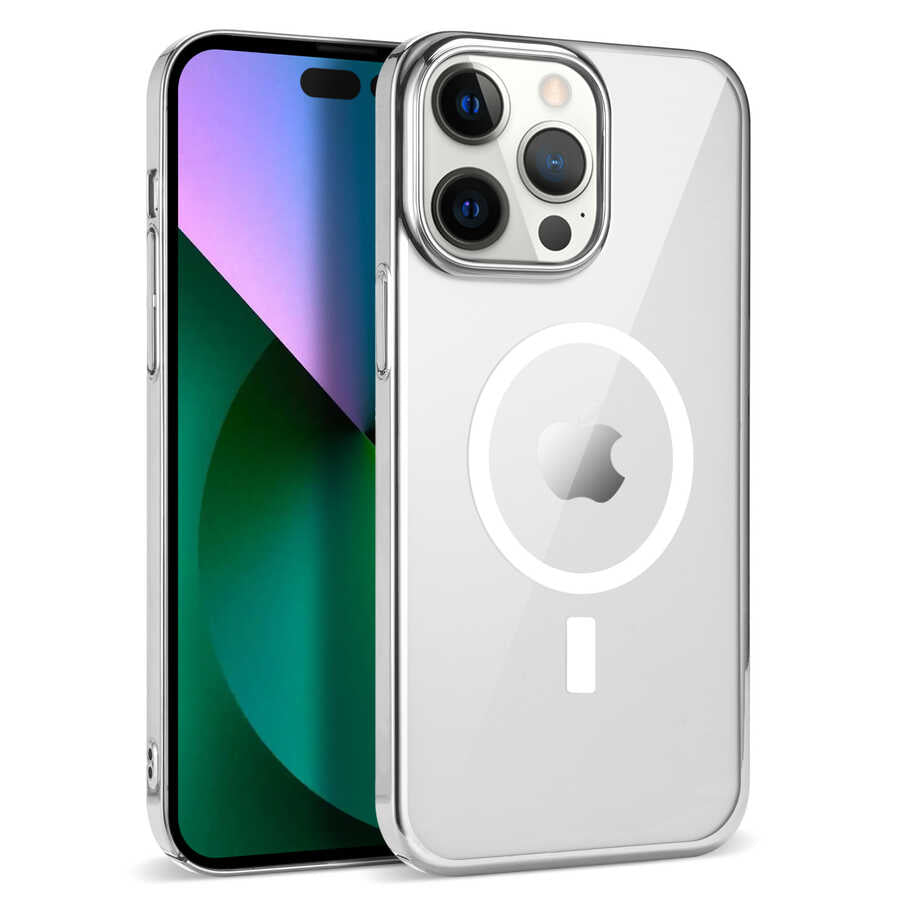 Apple iPhone 14 Pro Max Kılıf Zore Wireless Şarj Özellikli Pixel M-safe Kapak Gümüş