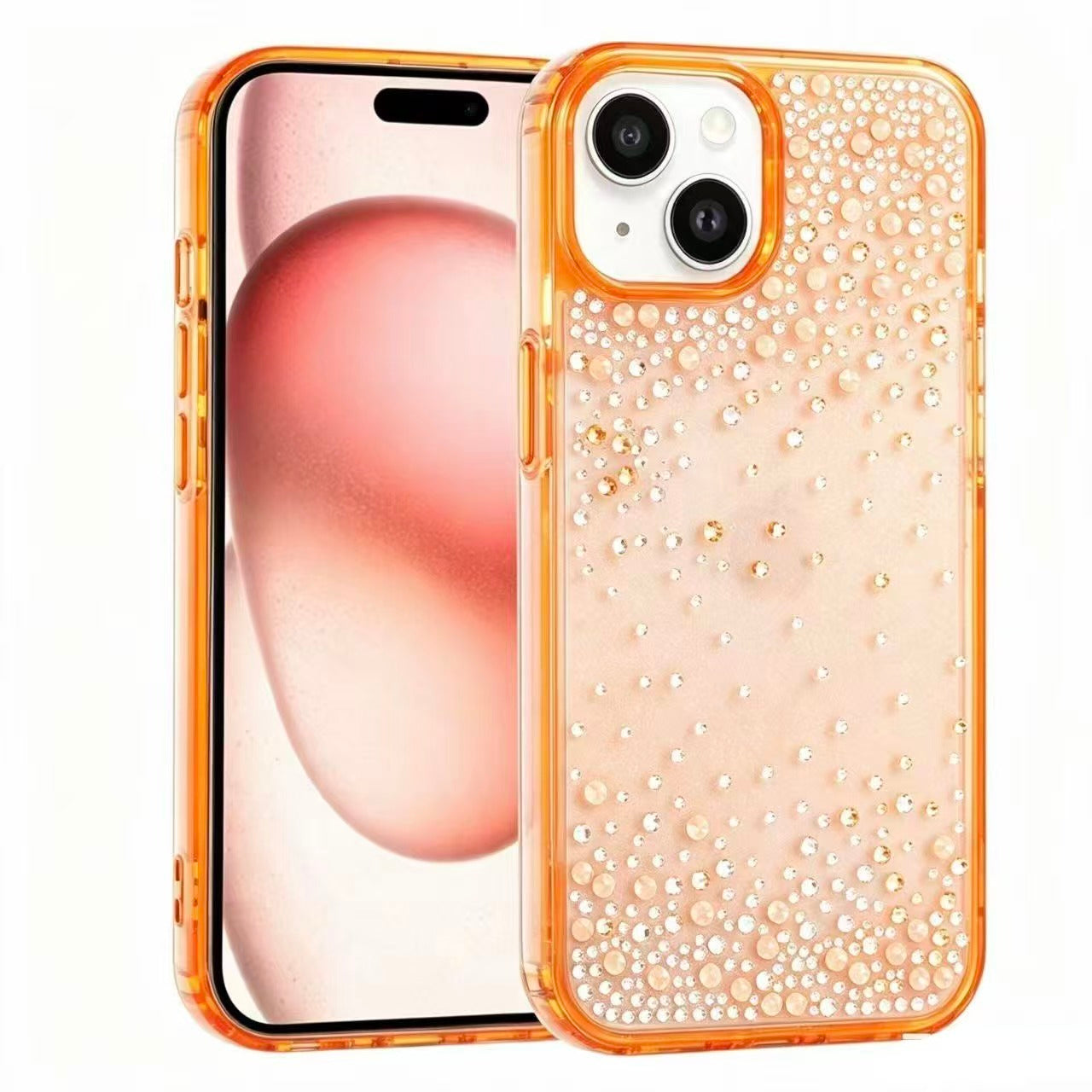 Apple iPhone 15 Kılıf Airbag Tasarımlı Damla Taşlı Şeffaf Zore Pera Silikon Kapak Turuncu