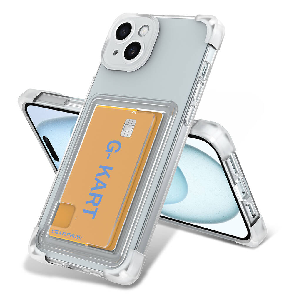 Apple iPhone 15 Kılıf Airbag Tasarımlı Şeffaf Kartlıklı Zore G-Kart Kapak Renksiz
