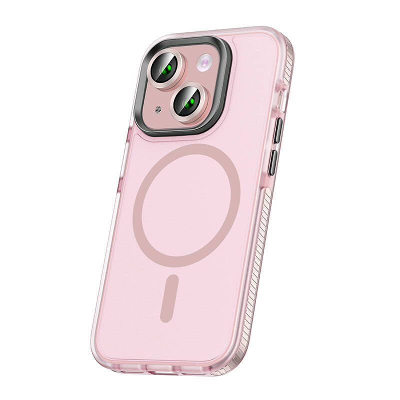 Apple iPhone 15 Kılıf Airbagli M-safe Wireless Şarj Özellikli Lens Koruyuculu Zore Klaptika Kapak Pembe