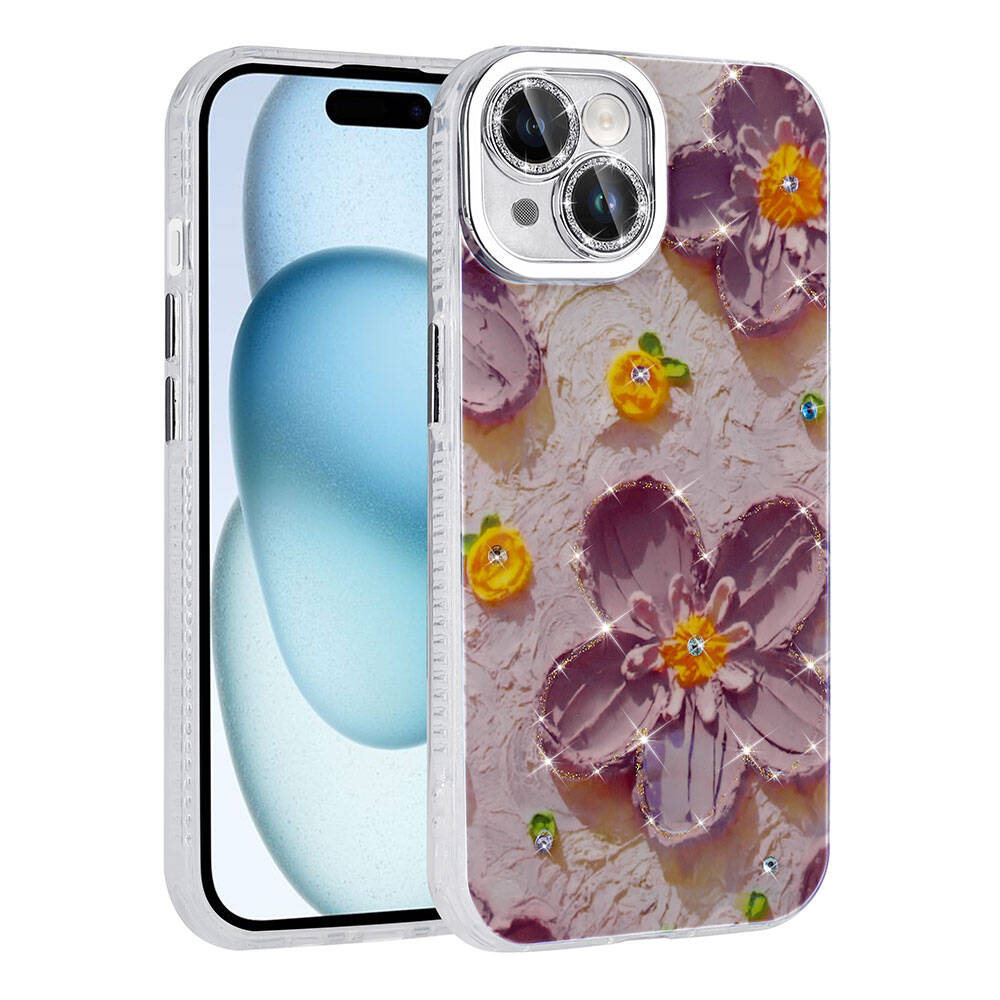 Apple iPhone 15 Kılıf Çiçek Desenli Parlak Taşlı Sert Silikon Zore Garden Kapak Mor