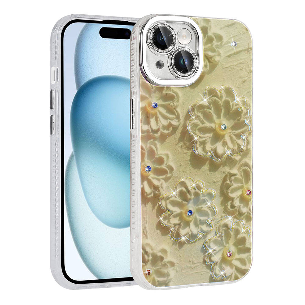 Apple iPhone 15 Kılıf Çiçek Desenli Parlak Taşlı Sert Silikon Zore Garden Kapak Beyaz