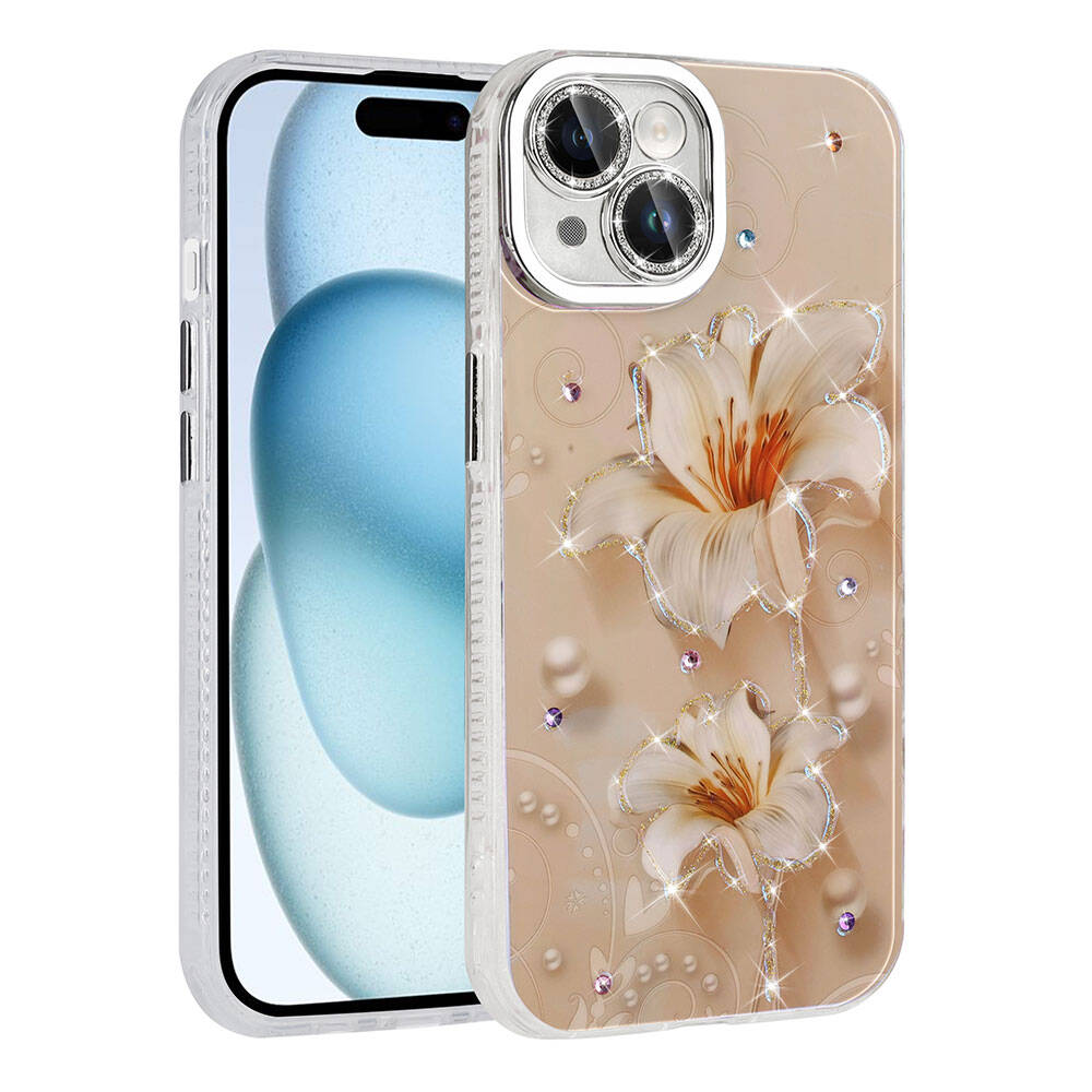 Apple iPhone 15 Kılıf Çiçek Desenli Parlak Taşlı Sert Silikon Zore Garden Kapak Pembe Açık