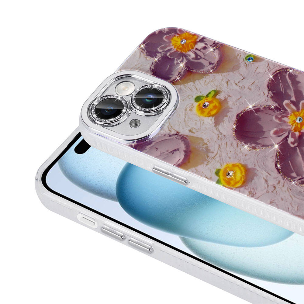 Apple iPhone 15 Kılıf Çiçek Desenli Parlak Taşlı Sert Silikon Zore Garden Kapak Pembe Açık