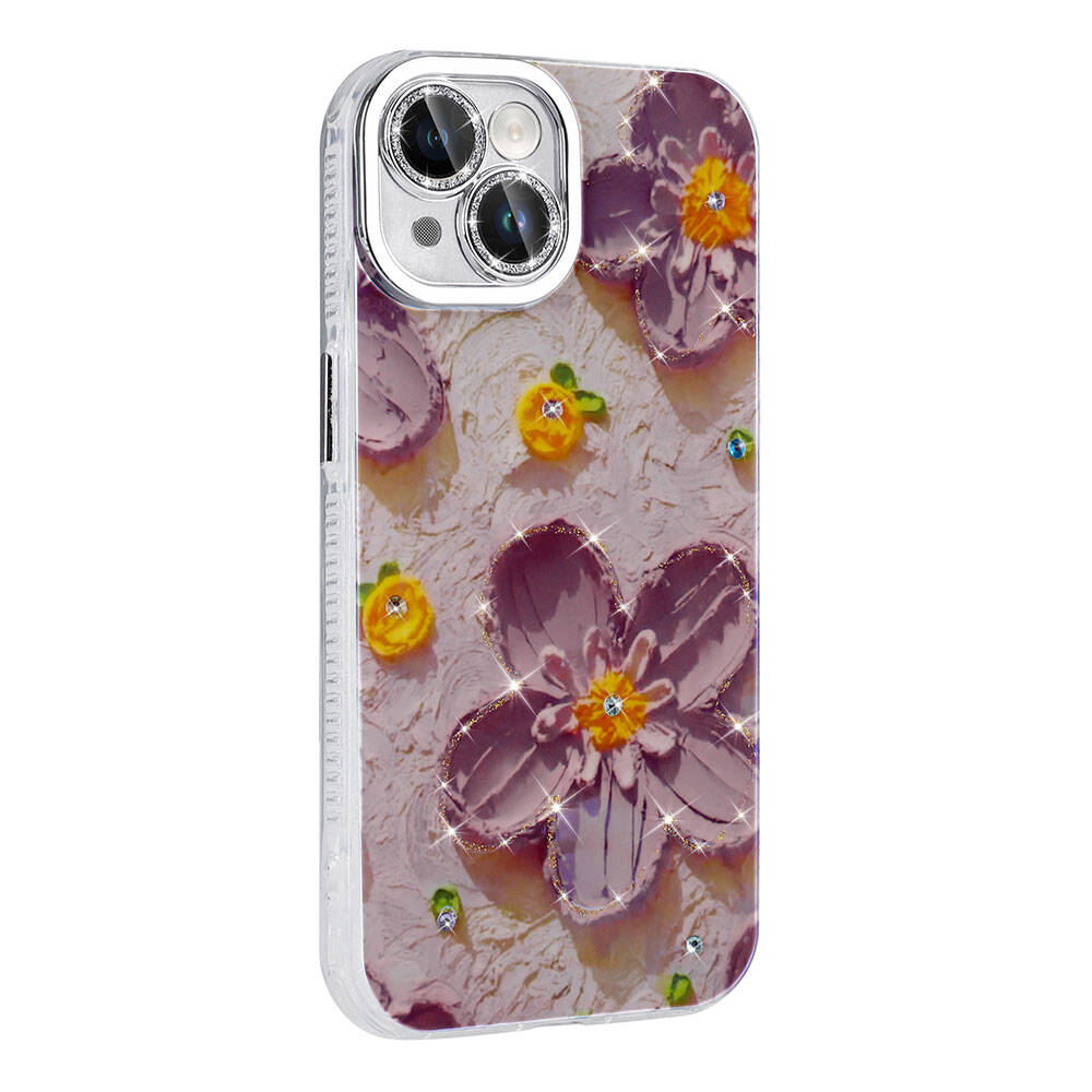 Apple iPhone 15 Kılıf Çiçek Desenli Parlak Taşlı Sert Silikon Zore Garden Kapak Beyaz