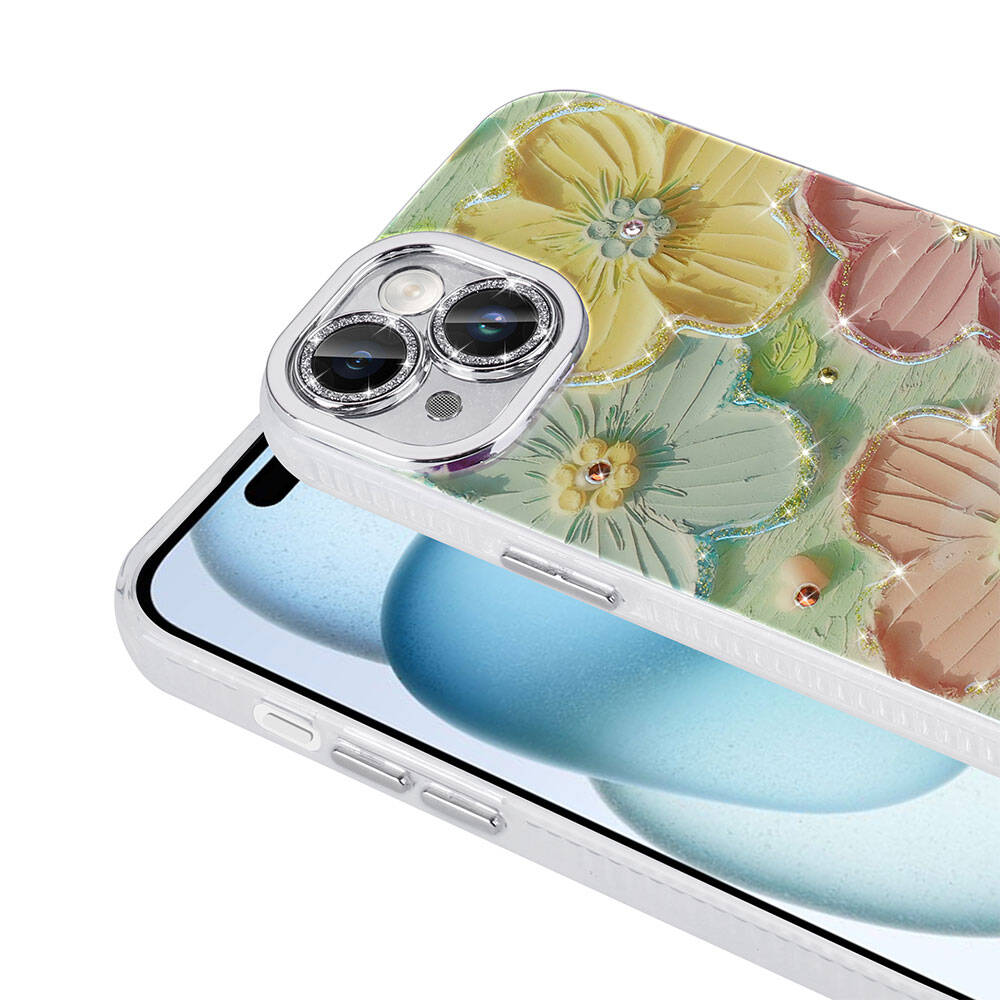 Apple iPhone 15 Kılıf Çiçek Desenli Parlak Taşlı Sert Silikon Zore Garden Kapak Colorful