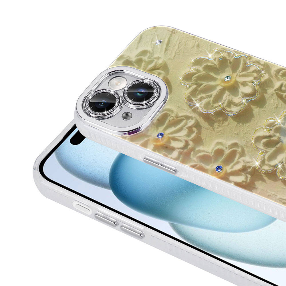 Apple iPhone 15 Kılıf Çiçek Desenli Parlak Taşlı Sert Silikon Zore Garden Kapak Mavi
