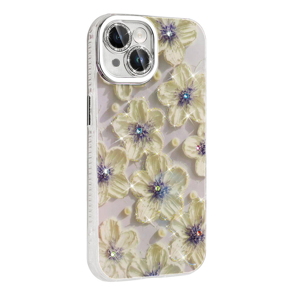 Apple iPhone 15 Kılıf Çiçek Desenli Parlak Taşlı Sert Silikon Zore Garden Kapak Mor