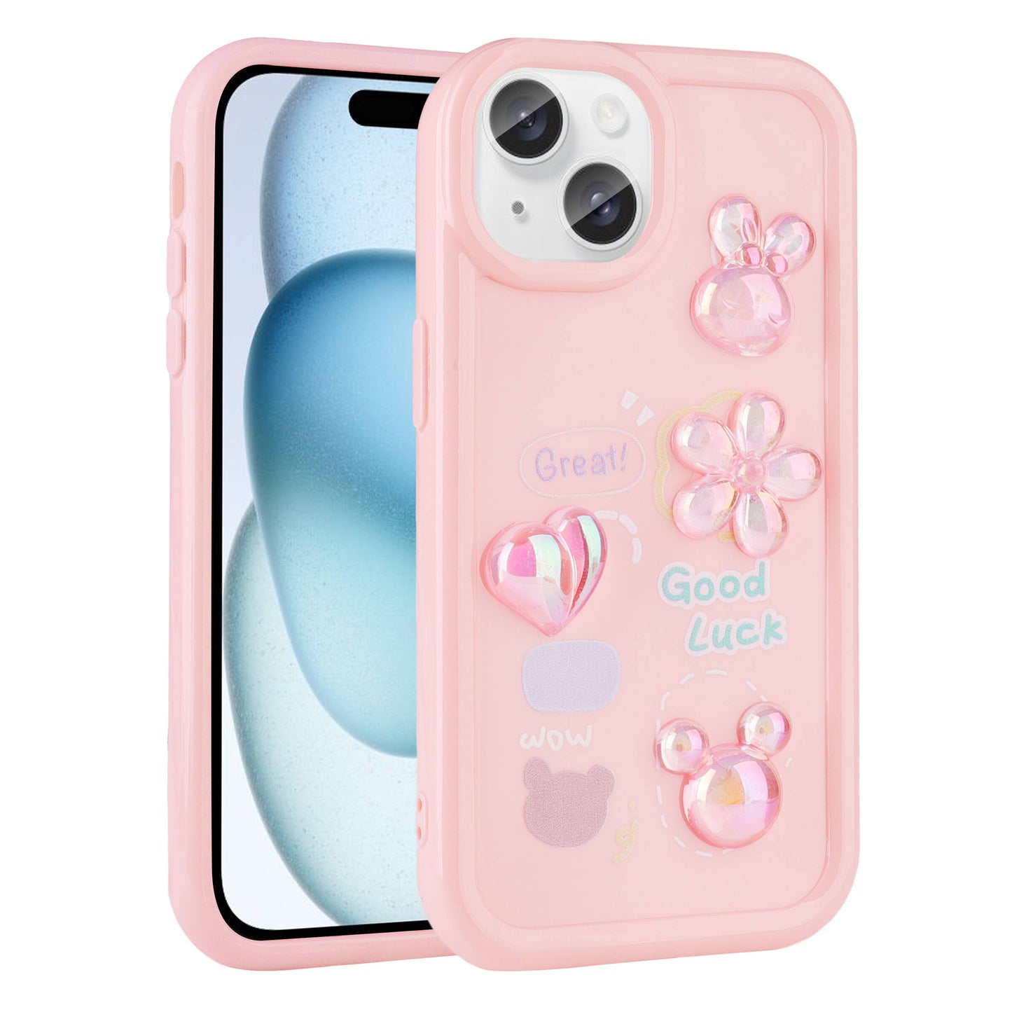 Apple iPhone 15 Kılıf Kabartma Figürlü Parlak Zore Toys Silikon Kapak Açık Yeşil